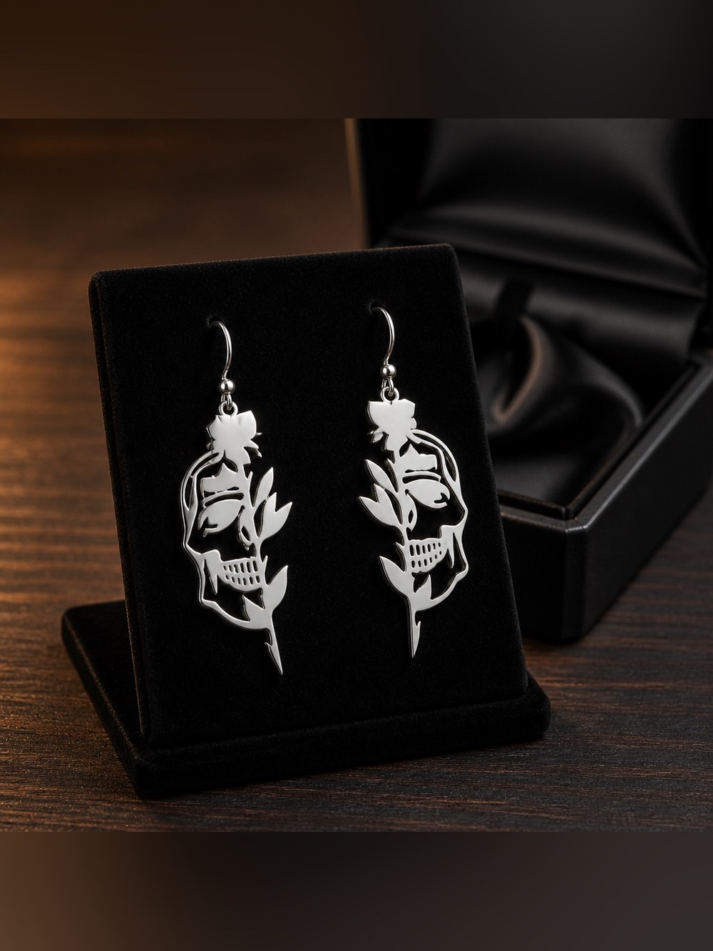 Silver Skull & Rose Dangle Earrings - Hypoallergenic Hooks